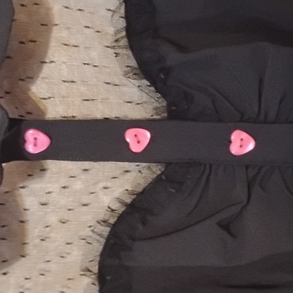 NWOT Black mesh top blouse with pink heart buttons and gathered at the breast - Picture 3 of 7